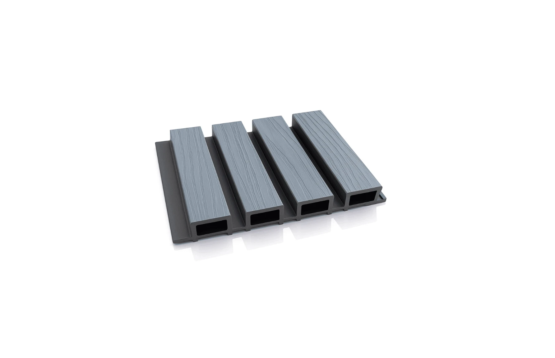Riflaj WPC coextrudat canelat gri inchis pe fond negru, Dimensiune: 219x26mm