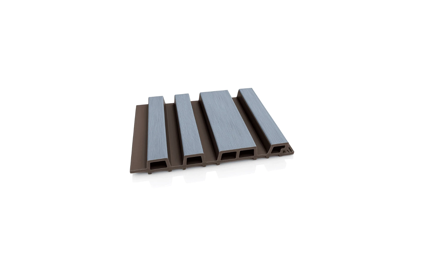 Riflaj WPC coextrudat canelat asimetric gri inchis pe fond maro, Dimensiune: 220x26mm